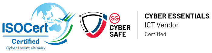 ISOCert Certified, Cyber Essentials mark, and the CSA SG Cyber Safe mark: Cyber Essentials, ICT Vendor, Certified